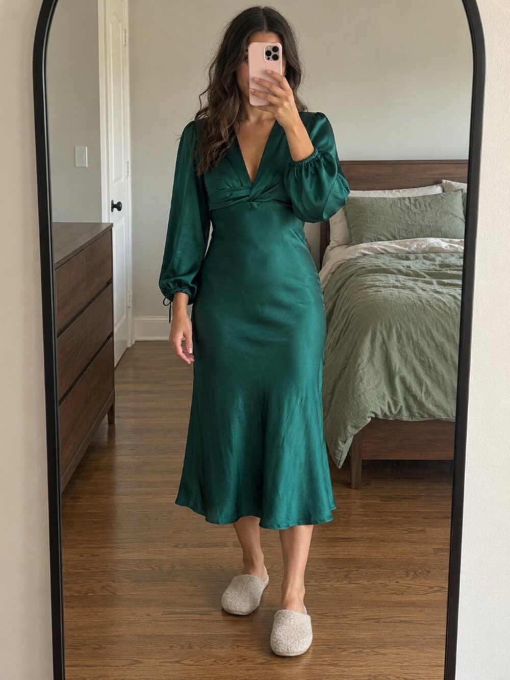 Petal & Pup Emerald Satin Twist-Front Midi Dress US 6